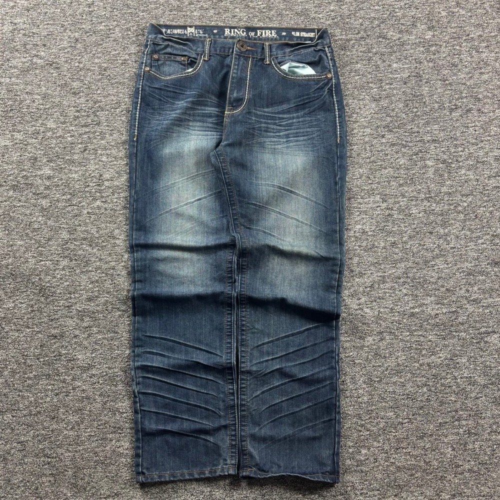 Y2K 2000s Ring of Fire Slim Straight Jeans Medium Wash‎ Blue Denim Size 36x32